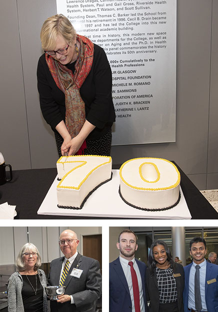 Top: Dean Susan Parish; bottom right: Department of Health Administration faculty Cindy Watts and past president of the Alumni Advisory Council Mike King; bottom left, from left: Jason Hardin, Clarke LeGrand, Rakitha Chelliah